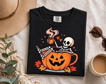 Comfort Colors Pumpkin Skeleton Halloween Shirt, Spooky Coffee Fall Tee, Jack O Lantern Coffee Lover Shirt, Autumn Gift