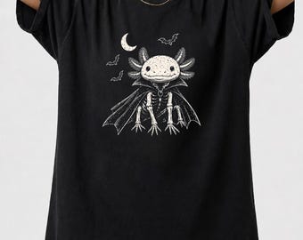 Comfort Colors schattig gotisch axolotl skelet shirt, Halloween vampier axolotl T-shirt, griezelig vleermuis dieren shirt, gotisch amfibie cadeau