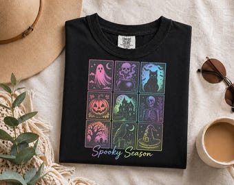 Spooky Season shirt, Retro Halloween T-shirt met rasterprint in comfortabele kleuren, Vintage T-shirt met spook, pompoen en zwarte kat, Halloween cadeau shirt voor de herfst