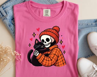 Comfort Colors Halloween T-shirt met skelet en kat, schattig T-shirt met zwarte kat en skelet voor de herfst, griezelig cadeau voor pompoenliefhebbers