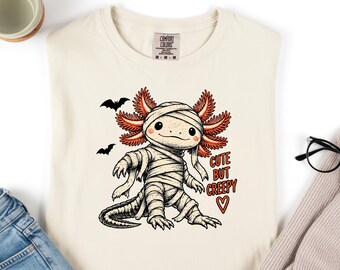 Comfort Colors Mummie Axolotl Shirt, Leuk maar griezelig Halloween T-shirt, Spooky Axolotl Graphic Shirt, Herfst Halloween Cadeau, Axolotl T-shirt