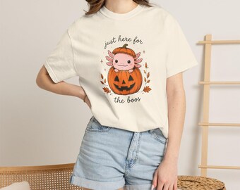 Just Here For The Boos Shirt, schattig axolotl-pompoen T-shirt in comfortabele kleuren, grappig Halloween-woordspeling T-shirt, cadeau voor axolotl-liefhebbers, herfstshirt