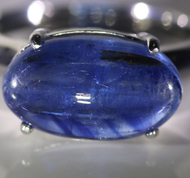 Kyanite Ring Kyanite 7.10ct Platinum Finish Solid 925 Sterling Silver Solitaire Ring Oval Cabochon, Natural Untreated Ring Size 6.75