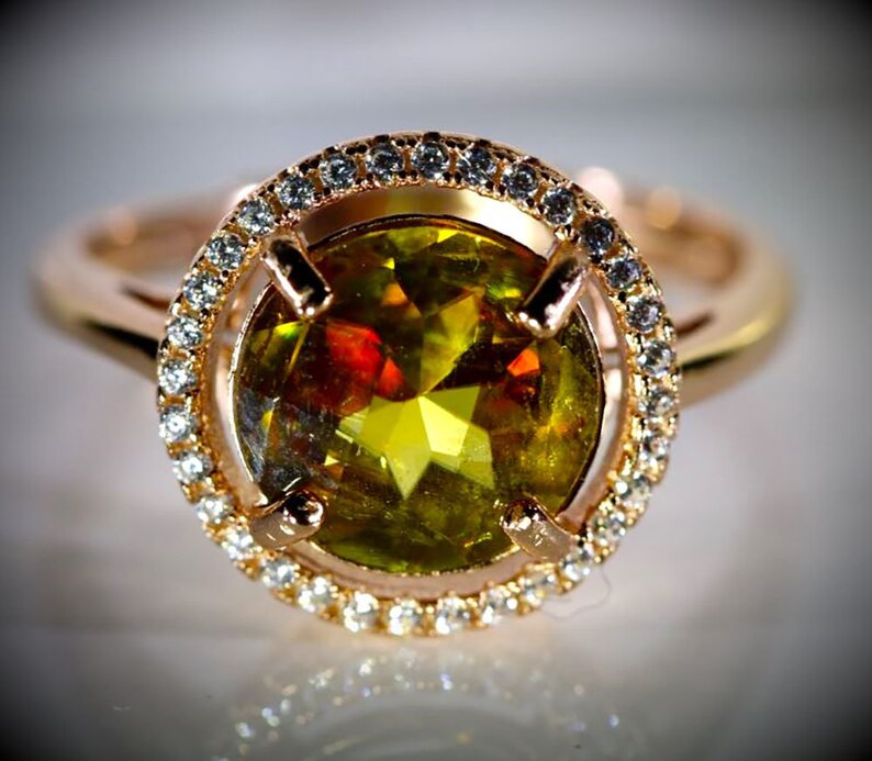 Natural Untreated Sphene Ring Round Shaped Sphene 2.30ct Rose Gold Finish Solid 925 Sterling Silver Ring VVS Clarity, Ring Size 8