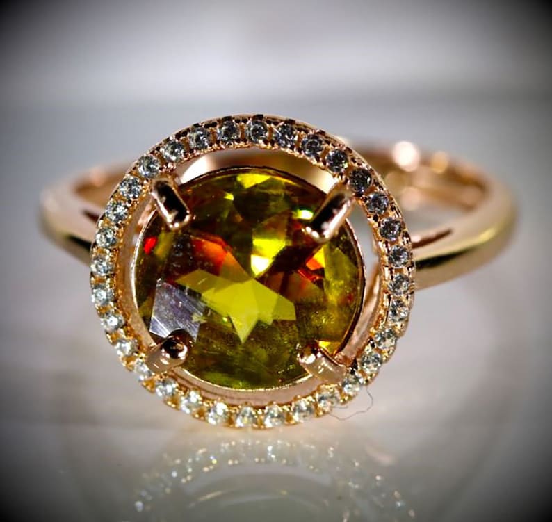 Natural Untreated Sphene Ring Round Shaped Sphene 2.30ct Rose Gold Finish Solid 925 Sterling Silver Ring VVS Clarity, Ring Size 8