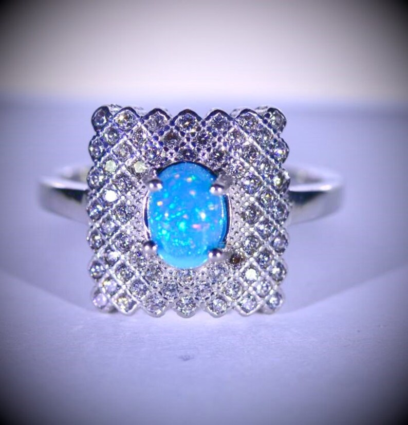 Blue Opal Ring Natural October Birthstone, Blue Opal .80ct Platinum Finish Solid 925 Sterling Silver Ring Oval Cabochon Ring Size 8