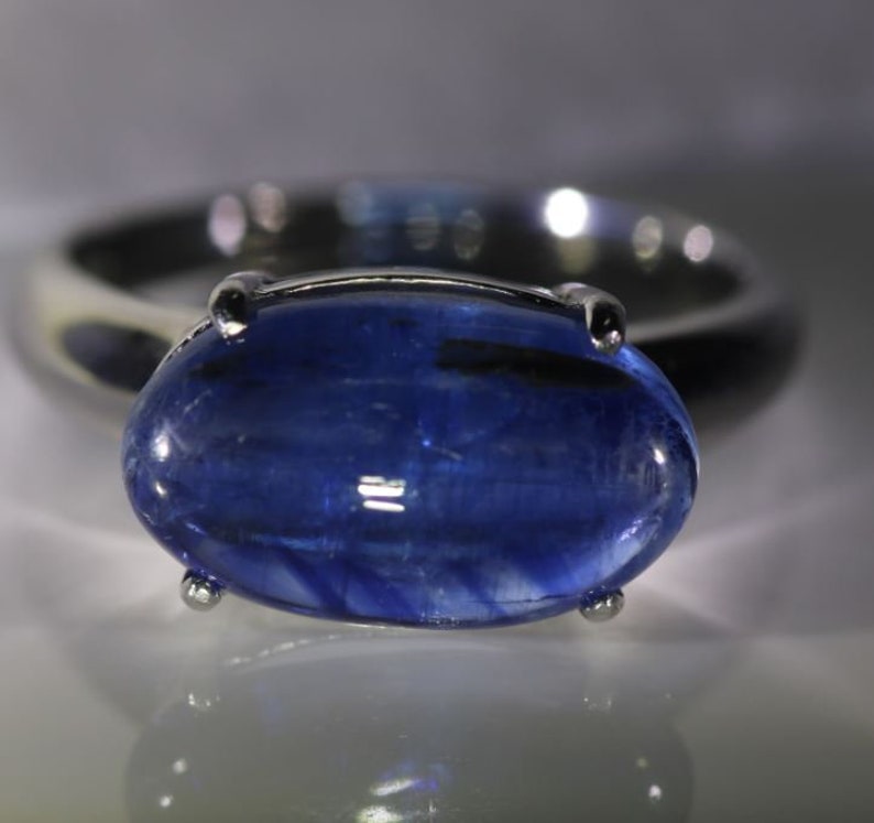 Kyanite Ring Kyanite 7.10ct Platinum Finish Solid 925 Sterling Silver Solitaire Ring Oval Cabochon, Natural Untreated Ring Size 6.75
