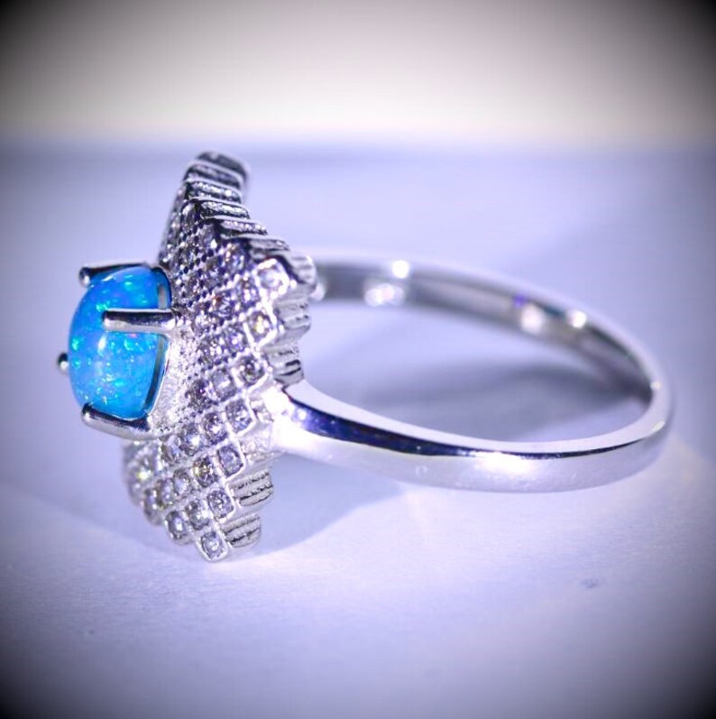 Blue Opal Ring Natural October Birthstone, Blue Opal .80ct Platinum Finish Solid 925 Sterling Silver Ring Oval Cabochon Ring Size 8