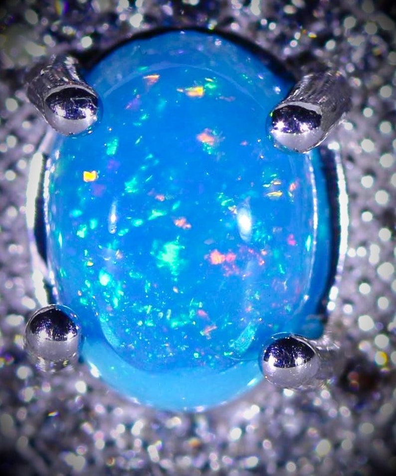 Blue Opal Ring Natural October Birthstone, Blue Opal .80ct Platinum Finish Solid 925 Sterling Silver Ring Oval Cabochon Ring Size 8