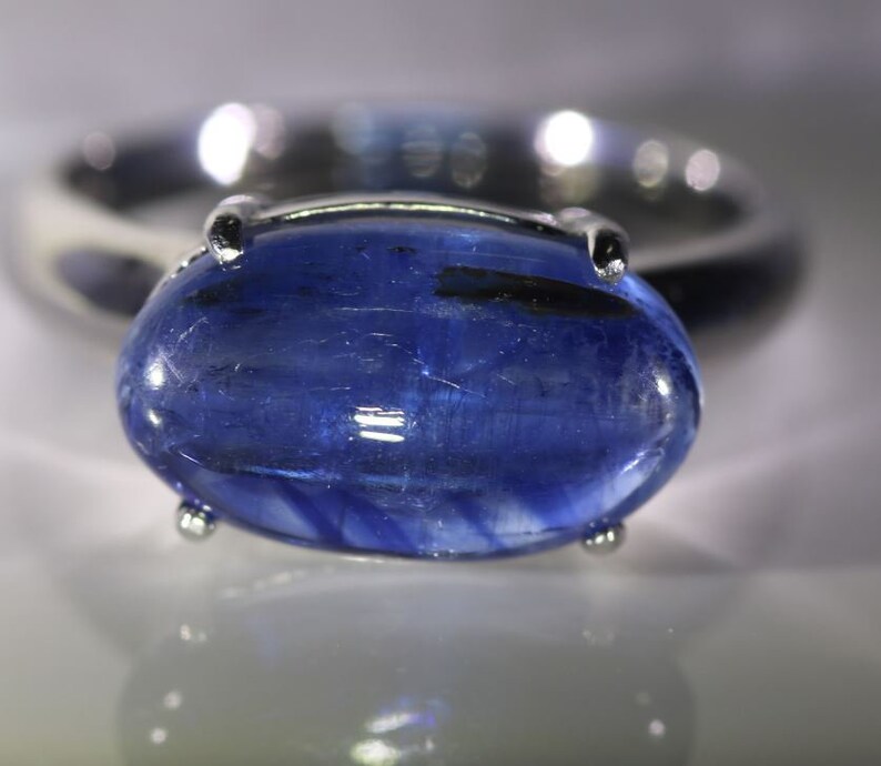 Kyanite Ring Kyanite 7.10ct Platinum Finish Solid 925 Sterling Silver Solitaire Ring Oval Cabochon, Natural Untreated Ring Size 6.75