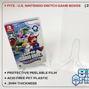 Pode incluir: Protetores de caixa de jogo de plástico transparente para caixas de jogos Nintendo Switch dos EUA. A imagem mostra uma caixa de jogo dentro de um protetor, com o texto "Super Mario Bros. Wonder".