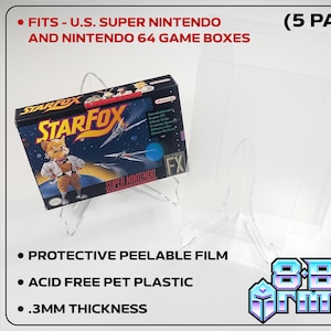 Op de afbeelding: Transparante plastic spelboxbeschermers, ontworpen voor Amerikaanse Super Nintendo- en Nintendo 64-spelboxen. De afbeelding toont een Star Fox-spelbox in een beschermer. Kenmerken zijn beschermende afpelbare folie, zuurvrije PET-kunststof en een dikte van 0,3 mm. Het pakket bevat 5 beschermers.