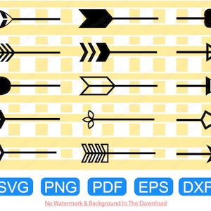 Op de afbeelding: Een verzameling zwarte pijlen met verschillende pijlpuntontwerpen, waaronder bladeren, harten en geometrische patronen. De pijlen zijn horizontaal gerangschikt tegen een lichtgele en wit gestreepte achtergrond. Onder: SVG, PNG, PDF, EPS en DXF.