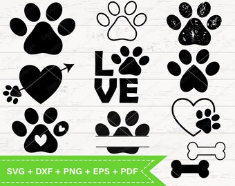 Paquete SVG de huellas de patas: imágenes prediseñadas vectoriales de perro, gato y hueso (descarga digital)