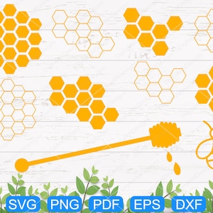 May include: A set of 10 digital cut files featuring honeycomb designs in yellow and white. The set includes a bee, a honey dipper, and various honeycomb shapes. The files are in SVG, PNG, PDF, EPS, and DXF formats.