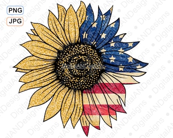 ひまわりのアメリカ国旗 PNG、愛国的な昇華デザイン（デジタルダウンロード）
