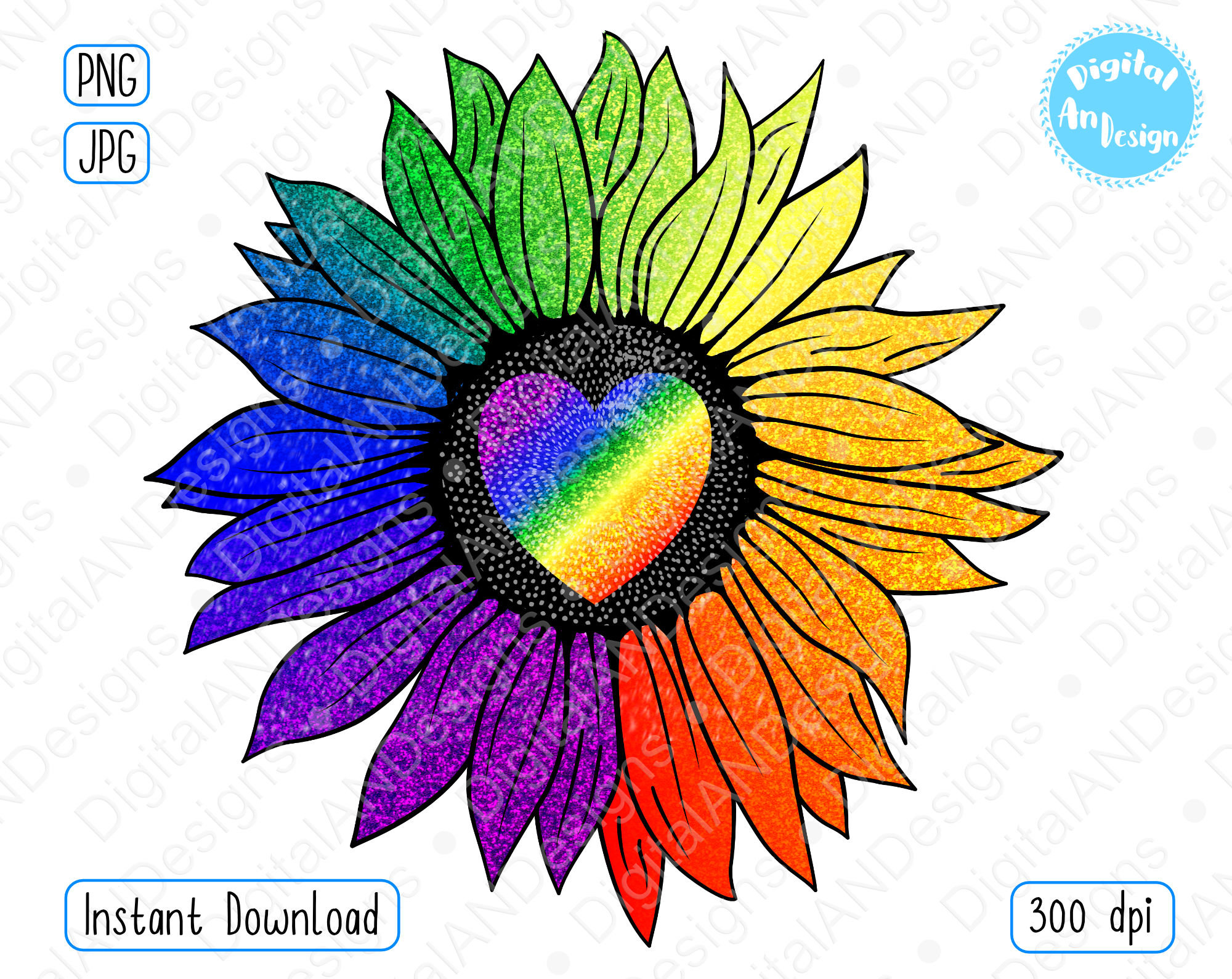 LGBT Pride Sunflower Sublimation Png, Colorful Rainbow Heart Sunflower