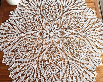 Crochet big linen doily, white big doily, handmade gift, lace tablecloth