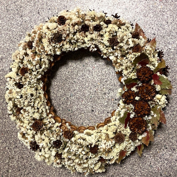 Real dried flowers wreath, white statice, Sea Lavender, real pine cones