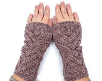 Merino Wolle Spitze Pulswärmer, Herbst/Frühling Handstrick, weisse und kakaobraune Farben