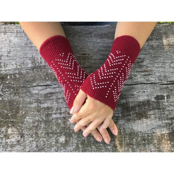 Beaded wrist warmers, handmade knitwear, fingerless gloves, cashmere wrist warmers, bordo wrist warmers