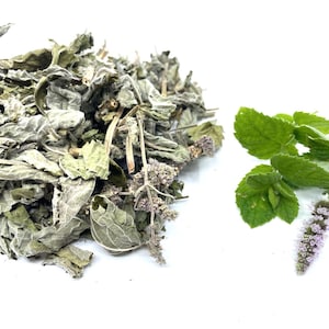 Puede incluir: Hojas de menta secas y frescas. Las hojas secas son de color verde claro y marrón, mientras que las hojas frescas son de un verde vibrante. Ambos tipos de menta están dispuestos sobre un fondo blanco.