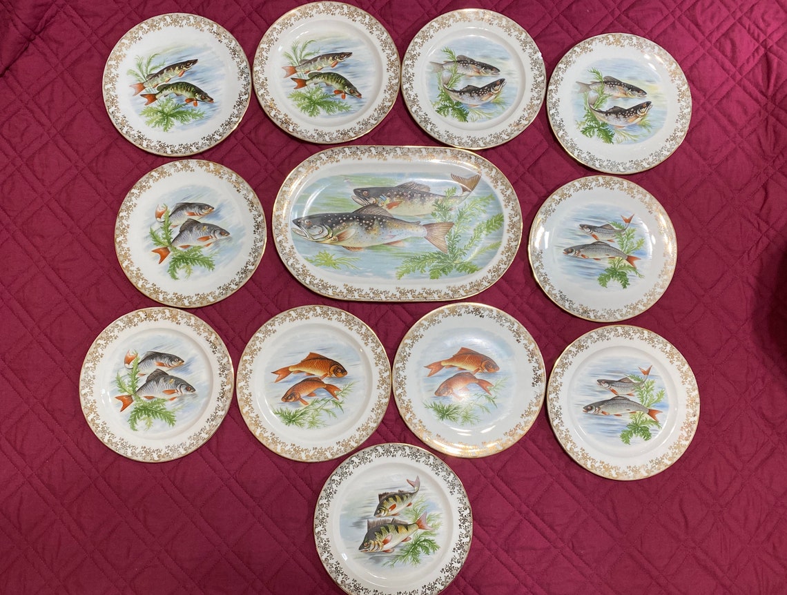 Vintage Limoges Fish Plate Set 14 Platter and 11 Plates Etsy