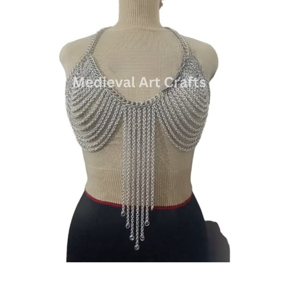 Chainmail Bra, Chains Layers Halter Bra, Bikini Top, Metal Harness with body Chains & Punk Armor, Chainmail ,Silver Body, Jewelery Gift.