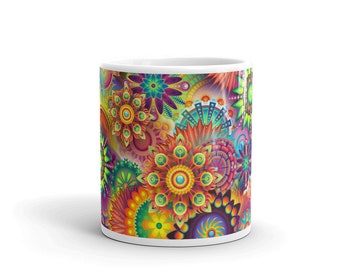Exotic Flower Pattern Coffee Mug 11oz - Multi-colored Mug, Rainbow Mug, Colorful Mug
