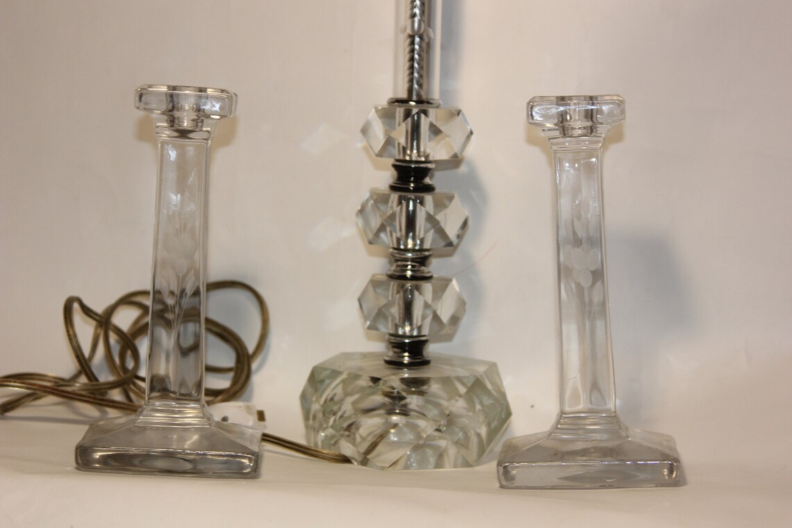 Leviton Etched Clear Glass Lamp & Candlesticks Mid Century Etsy