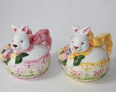 2 Bunny Rabbit Teapot Bunny with bow & Floral Design bunny pitcher Spring Easter Knick Knack - Spring Decor gift - Yellow pink polka dot