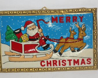 Vintage Santa Sleigh & Reindeer Plastic Christmas Decor Wall Hanging Sign Retro - Vtg Santa Claus and Sleigh 3d plastic sign Gold Trim decor