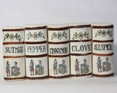 Set of 5 Vintage Hand Painted Book Spice shaker Jars Dressed Man Watching Woman Churning Butter Japan 19th Century Style Nutmeg Clover Jar