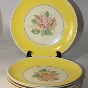 Vintage Susie Cooper Burslem Patricia Rose Yellow plates set of 8 Yellow & Pink rose  - Vintage Yellow dishware set - Susie Cooper Plates