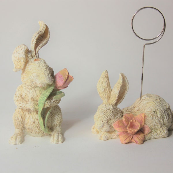 White Bunny rabbit Figurine Photo Holder - Rabbit holding Daffodil  Photo Holder  - Rabbit holding tulip Figurine Easter Spring Knick Knack