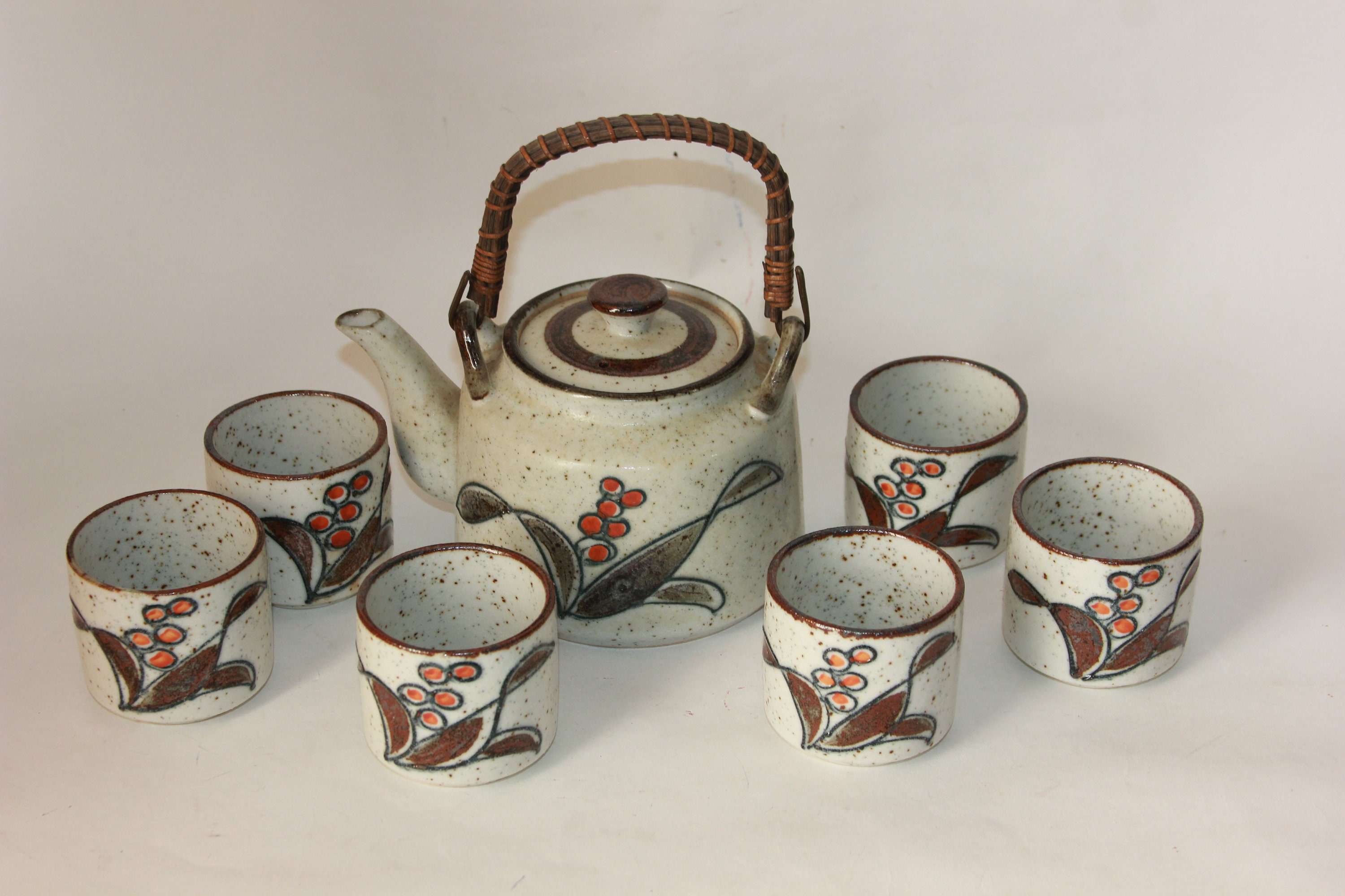Japanese Tea Set Texture Vtg Hand Crafted JAPAN Tea Set 6 Cups Teapot Bamboo Handle Floral ...