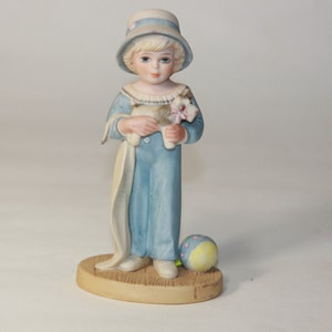 Jan Hagara &quot;Ashley&quot; Girl with Dog & Ball figurine LE - Victorian Girl figurine - Vtg Blonde girl in hat w/ puppy dog and Ball  Figurine gift