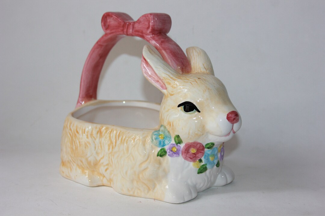 Bunny Rabbit Basket Floral & Bow Ceramic Easter Basket Etsy