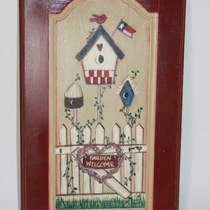 Vintage Wood Garden Welcome Sign Bird House Hand Carved/Painted Folk Art Sign Plaque Signed - Garden Sign - Welcome Sign - Porch Sign Decor