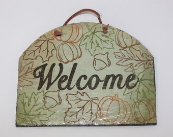 Stone Porch Welcome Sign Plaque Pumpkin Acorn Leaves Autumn Fall Harvest Seasonal Home Decor - Hanging Wall Decor Sign Halloween Fall Gift