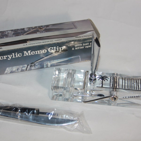 California Vtg Acrylic Memo clip With Ball Pen & Letter Opener - NIB office Gift - California Gift - Vintage Office Decor - Paper Weight