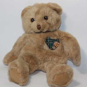 May include: A brown teddy bear with a green and brown heart-shaped patch on its chest. The bear is sitting on a white background.