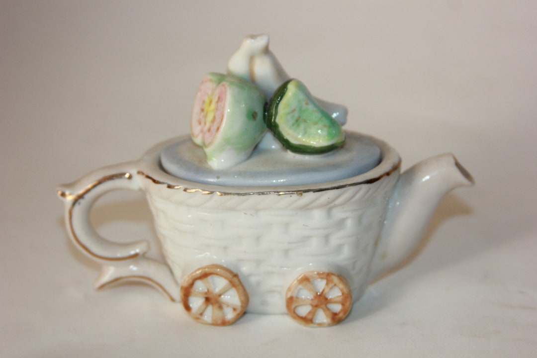 Vtg Fruit Cart Teapot Trinket Box Figurine Farmer Market Kiwi Lime