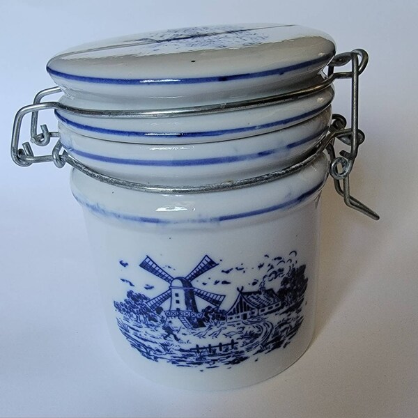 Vintage Teleflora Delft Blue & White WINDMILL CANISTER with Wire Locking Lid jar Vintage Blue and White Decor Gift windmill gift container