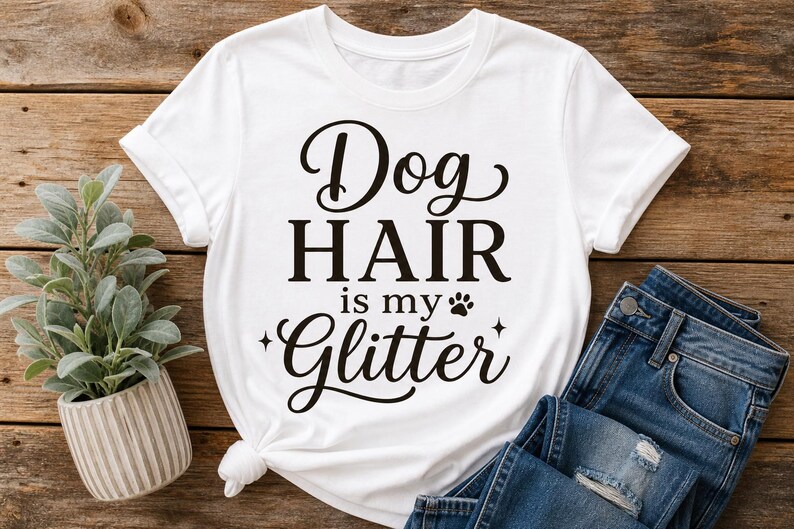 Puede incluir: Una camiseta blanca de manga corta con el texto en negro "Dog HAIR is my Glitter", junto a una peque&ntilde;a huella de pata y estrellas. La prenda cuenta con un cuello redondo y un nudo en el dobladillo inferior, mostrando un dise&ntilde;o sencillo.