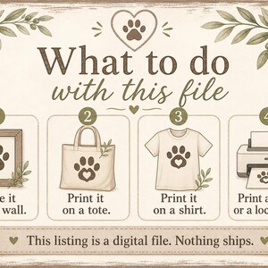 Puede incluir: Un gr&aacute;fico de instrucciones para archivo digital con el texto What to do with this file y cuatro pasos numerados que muestran una huella de pata enmarcada, en un bolso, en una camiseta y impresa, decorado con ilustraciones de ramas de olivo.