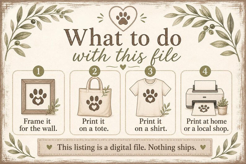 Puede incluir: Un gr&aacute;fico de instrucciones para archivo digital con el texto What to do with this file y cuatro pasos numerados que muestran una huella de pata enmarcada, en un bolso, en una camiseta y impresa, decorado con ilustraciones de ramas de olivo.