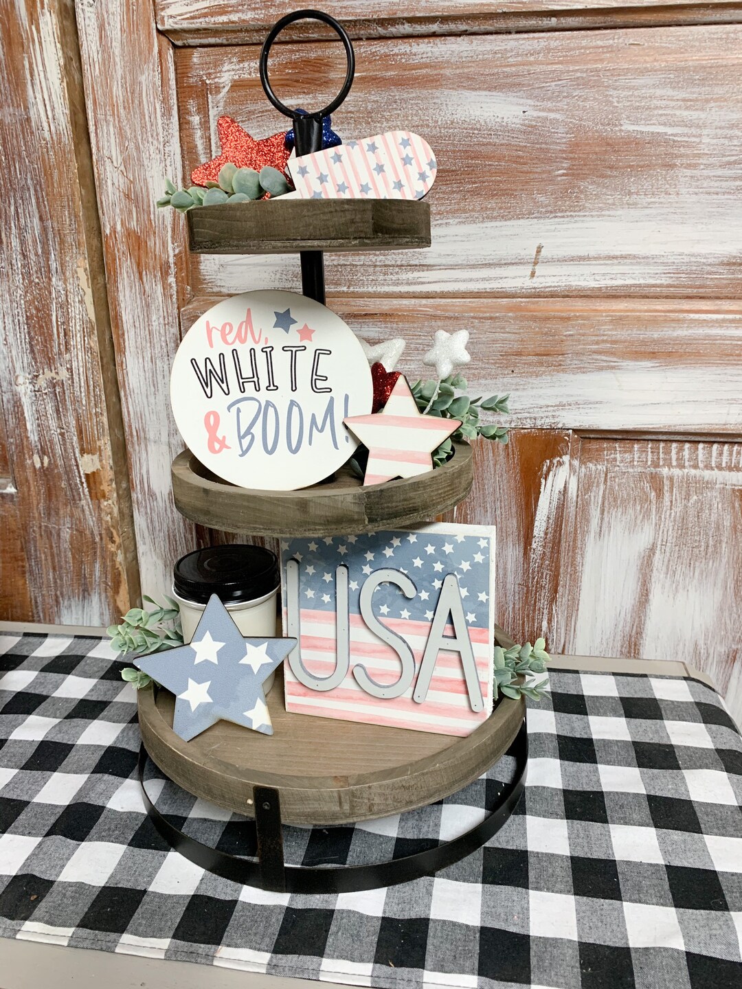 July 4th Tiered Tray, Farmhouse Style, Tiered Tray Props, July 4th Decor, Memorial Day Decor