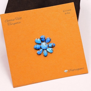 May include: Nine Golden Hill Turquoise gemstones, totaling 9.2 carats, arranged in a flower-like pattern on an orange card. The gemstones are a vibrant blue with brown matrix patterns. The card has the text "Golden Hill Turquoise" and "9-Pcs".