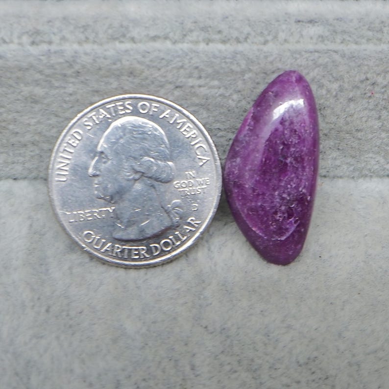 May include: A polished, elongated purple gemstone next to a quarter. The gemstone has a smooth, glossy surface and a rich, deep color. The quarter is silver and shows the profile of George Washington.
